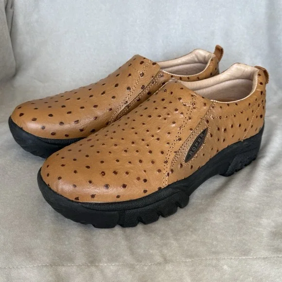 Roper Leather Performance Sport Slip On Shoes Mens Size 11 Tan Ostrich Embossed
